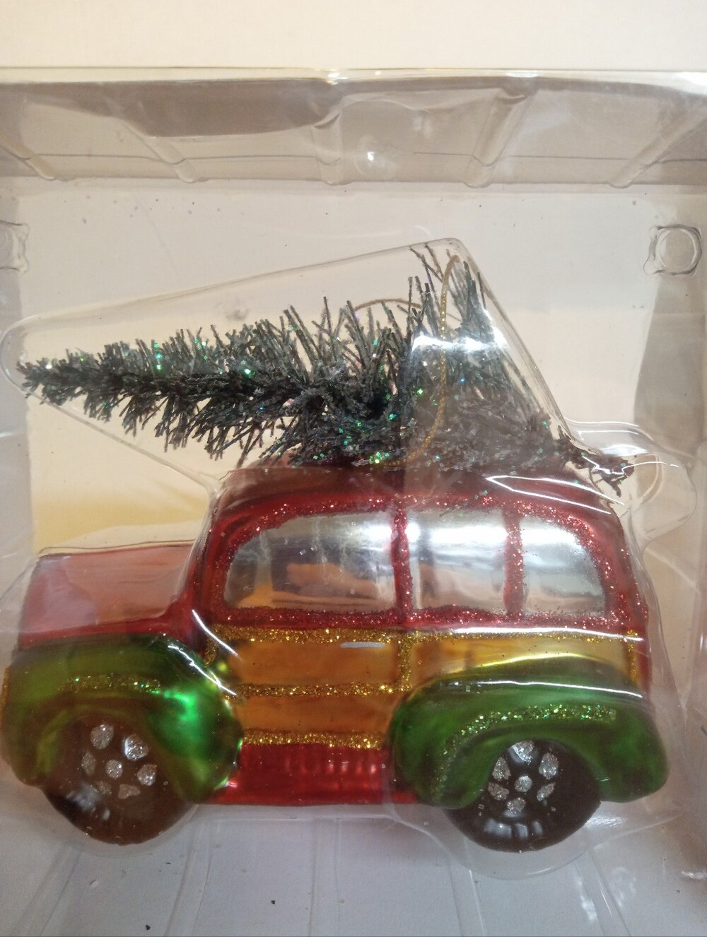 SEARS BLOWN GLASS WAGON CAR CHRISTMAS ORNAMENT~BRINGING HOME TREE VINTAGE